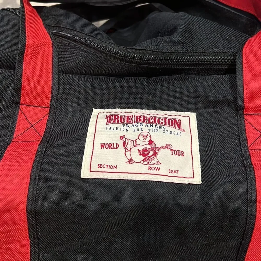 True Religion Black and Red Strap Duffel Bag